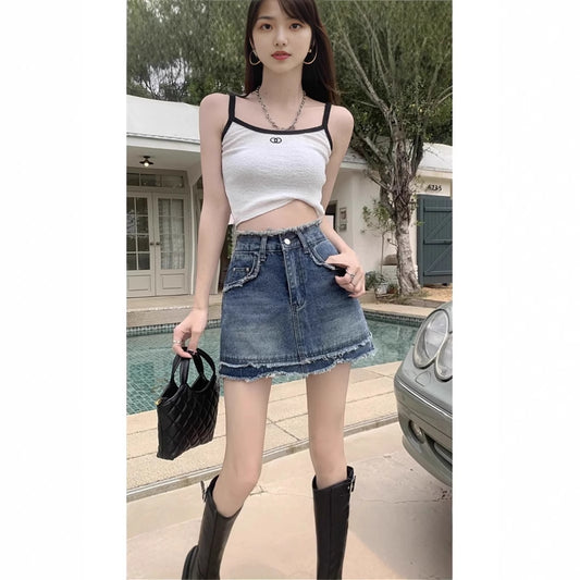 Retro Raw-Edge Denim A-Line Skirt