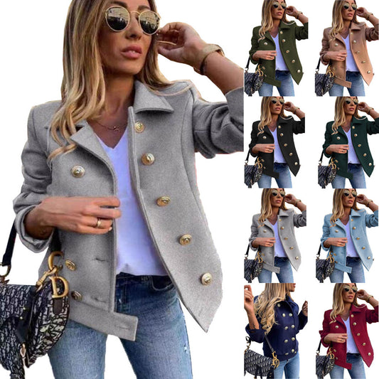 Cappotto di lana a doppio petto con colletto da completo, maniche lunghe, aderente per autunno e inverno