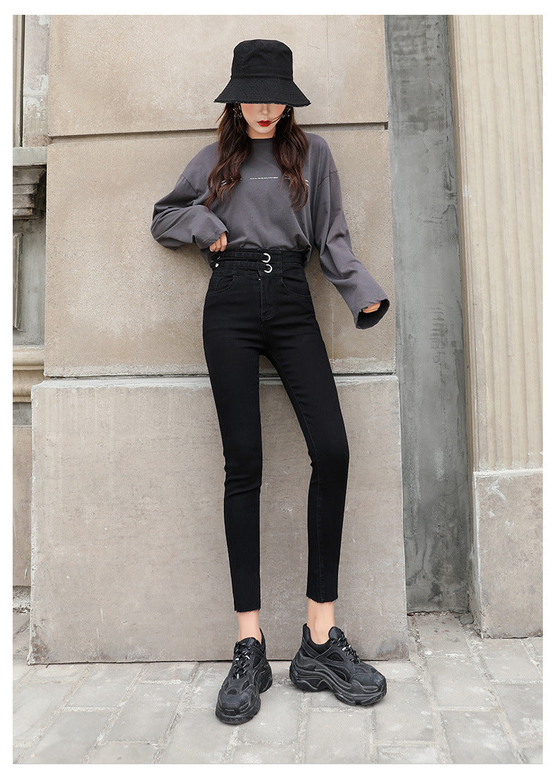 Double Breasted Stretch Tight Belly Trimming Slimming Ankle Tight Pants Cotton