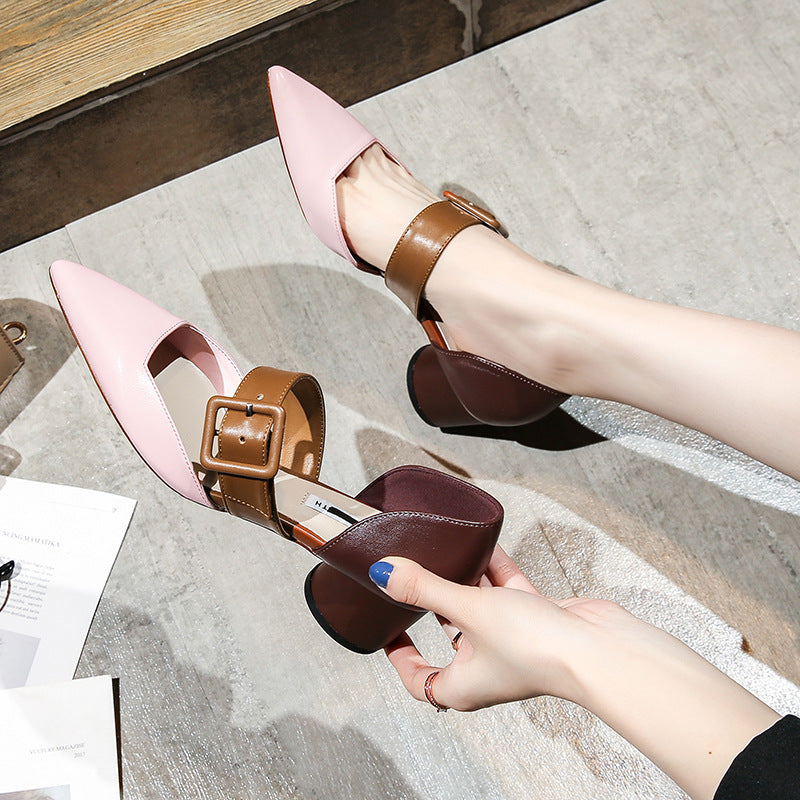 Casual Korean Fashion Square Buckle Colorblock High Heels Pointed Mary Jane Shoes