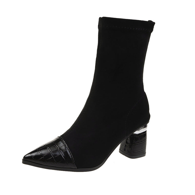 New Fashion Pointed Toe High Thick Heel Short Tube Elastic Boots