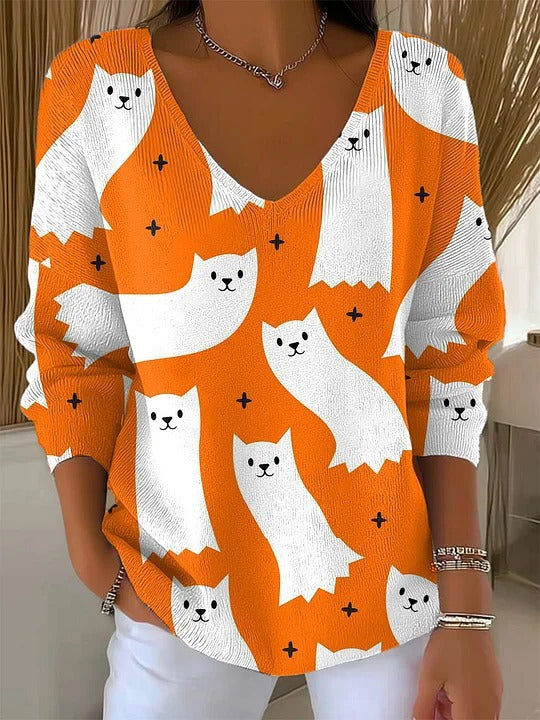 V-neck Long-sleeved Sweater Floral Loose Sweater