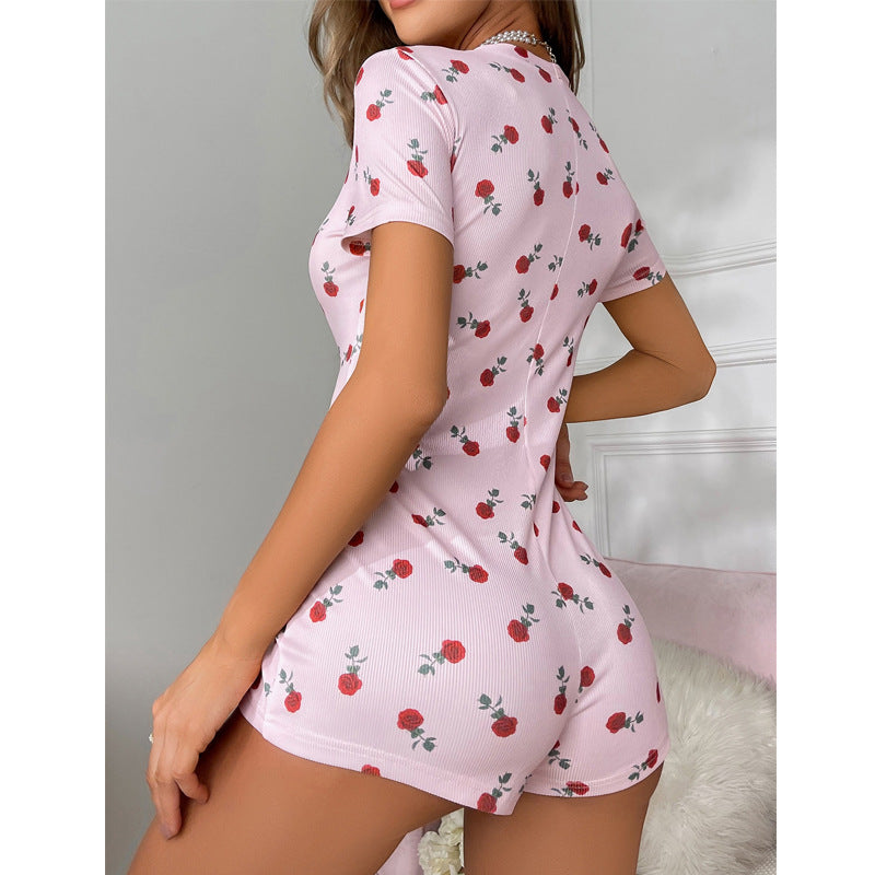 New European And American-style Slimming One-piece Jumpsuit With A Rose Pattern