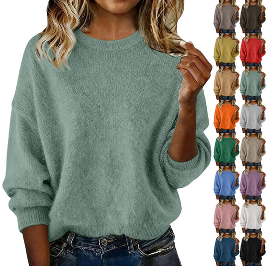 Fashionable Crew-neck Solid-color Sweater