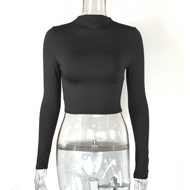 Womens Solid-Color Sexy Tight Crop Top With Long Sleeves