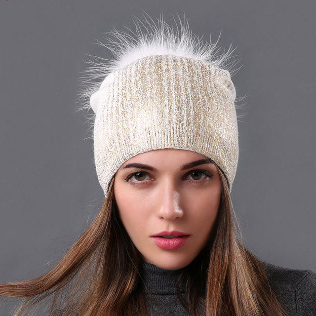 Warm Wool Knitted Hat Women's Hot Gold And Silver Color Women