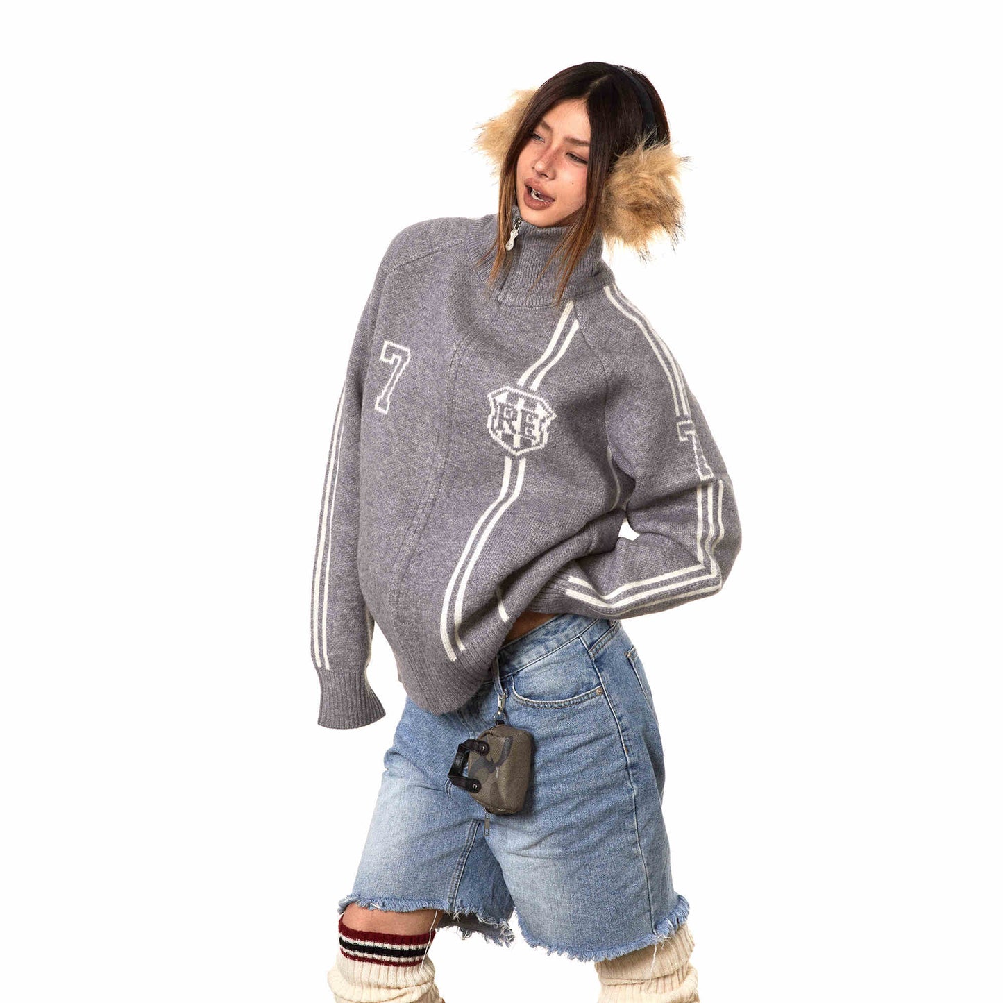 Cardigan Zipper Number 7 Sweater Casual Plush Top