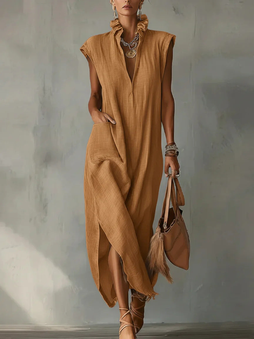 Women's Cotton-Linen Sleeveless Solid-Color Dress