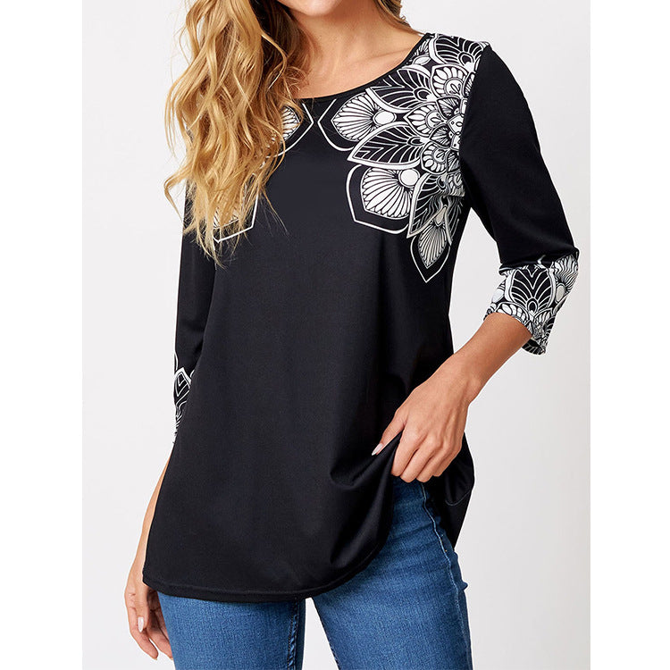 Women's Positioned Print Three Quarter Sleeve Loose Round Neck T Shirt