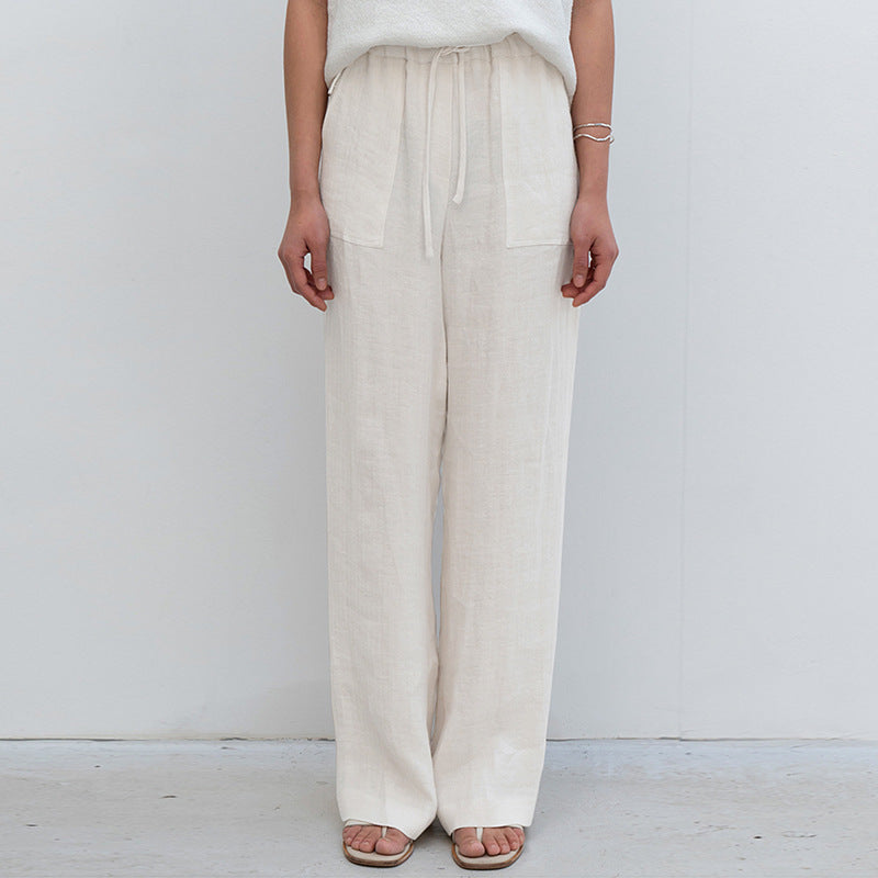 Pure Linen Lace-up Straight-leg Pants Women's Plus Size Loose Casual Trousers