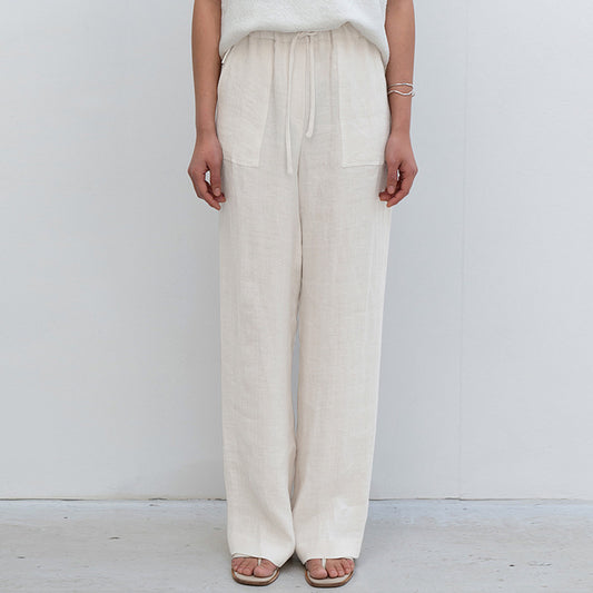 Pure Linen Lace-up Straight-leg Pants Women's Plus Size Loose Casual Trousers