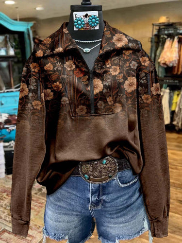 Autumn And Winter New Women's Retro Pattern Leisure Pullover Zipper Sweater