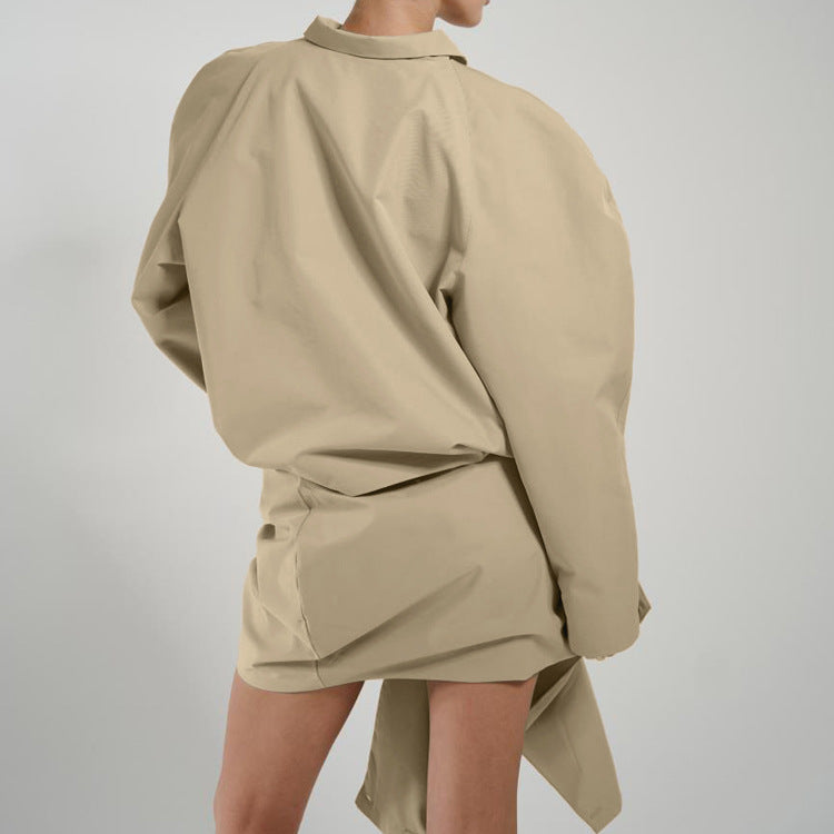 Notched-collar Long-sleeve Shirt And Asymmetrical Hem Skirt Set