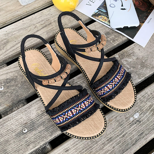 Flat Sandals, All-match One-word Buckle Strap, Fairy Ethnic Style Slope With Roman Sandals