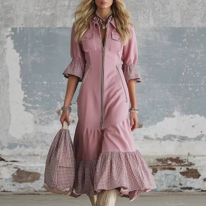 Elegant Early Spring Womens Midi Faux Denim Skirt With Plaid Trim And Short Sleeves
