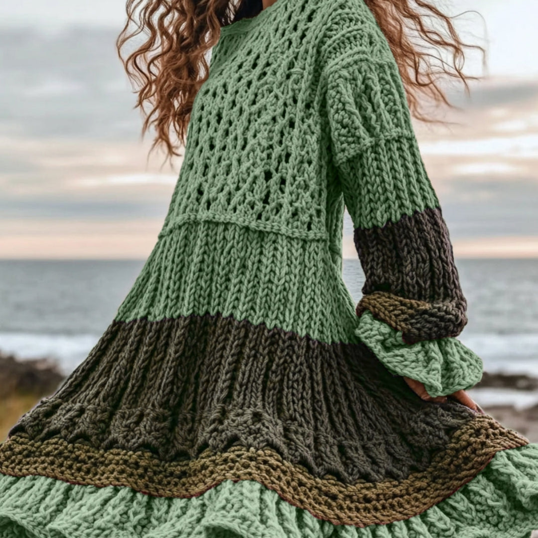 Womens Loose Versatile Retro Cable-Knit Long-Sleeve Dress