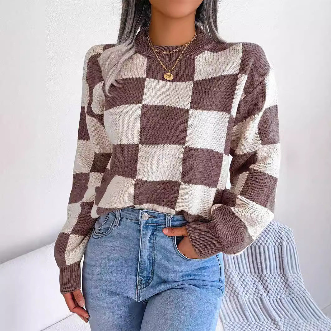 Contrast Color Checkerboard Loose And Lazy Style Stitching Sweater
