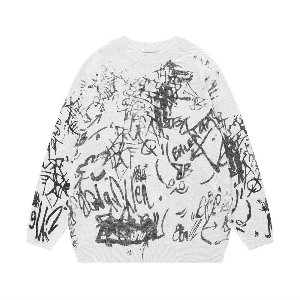 Men's Graffiti Printing Round Neck Sweater