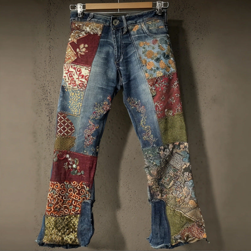 New 3D Heat-transfer Printed Flared Jeans-style Trousers In Faux Denim