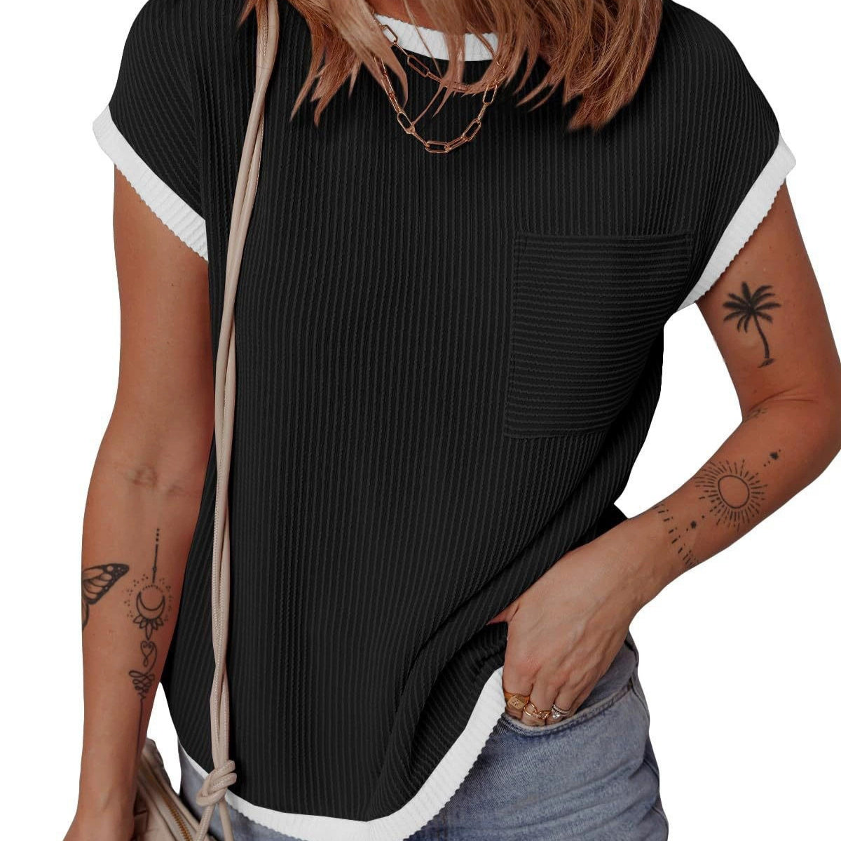 Women's Rib-knit T-shirt Casual Outerwear Top