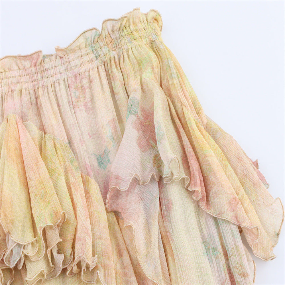 Womens Printed Layered-Design Long Skirt