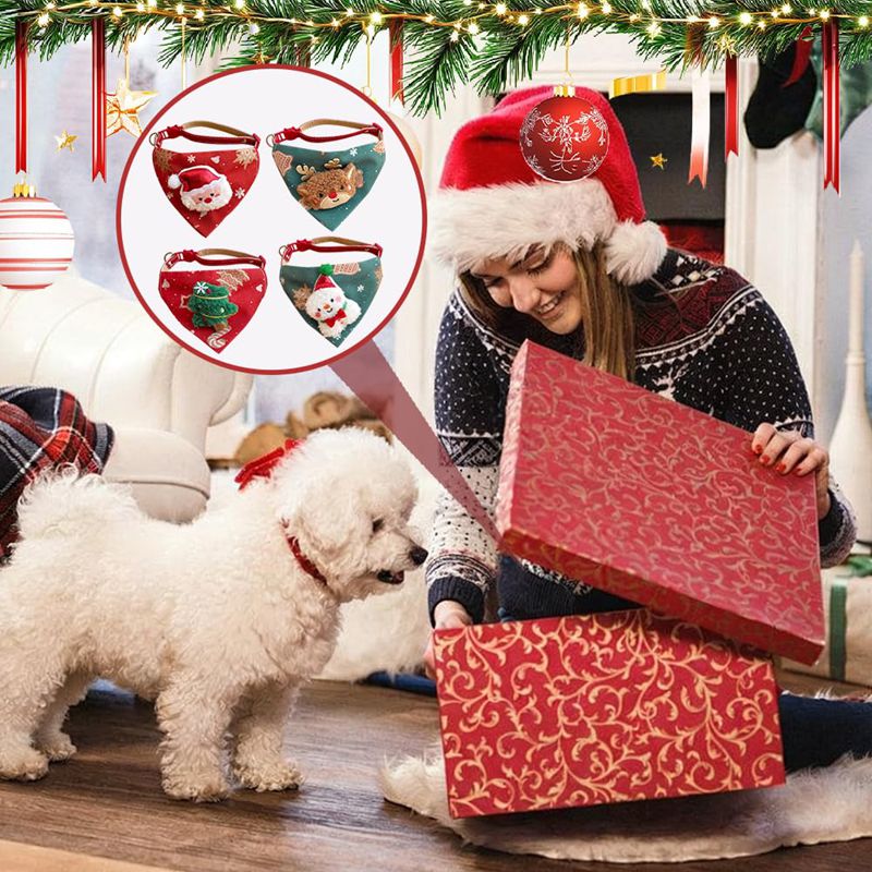 Christmas Pet Large Handkerchief Scarf, Red Santa Claus And Christmas Tree Pattern, One Size Suitable For All 9.06-15.75 Inches.Adjustable Festival Collars For Cats And Dogs