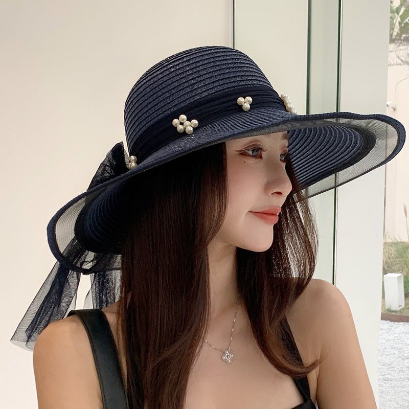 Women's Summer New Mesh Pearl Sunscreen Casual Straw Hat