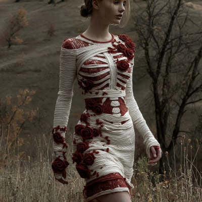 Long-sleeved Floral 3D-printed Dress With A Round Neckline