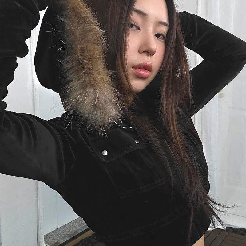 Women's Fur Stitching Hooded Letters Embroidered Short Jacket