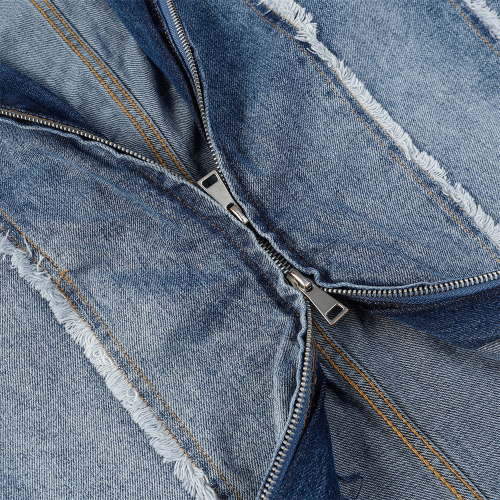 Heavy Industry Distressed Cat Raw-cut Edges Color Matching Machete Sleeve Wash Stand Collar Denim Coat