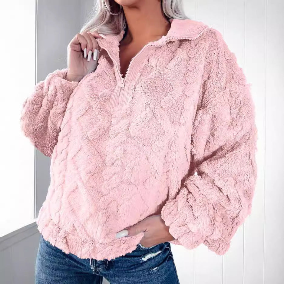 Enkel ensfarvet fleece-sweatshirt med lynlås og opretstående krave