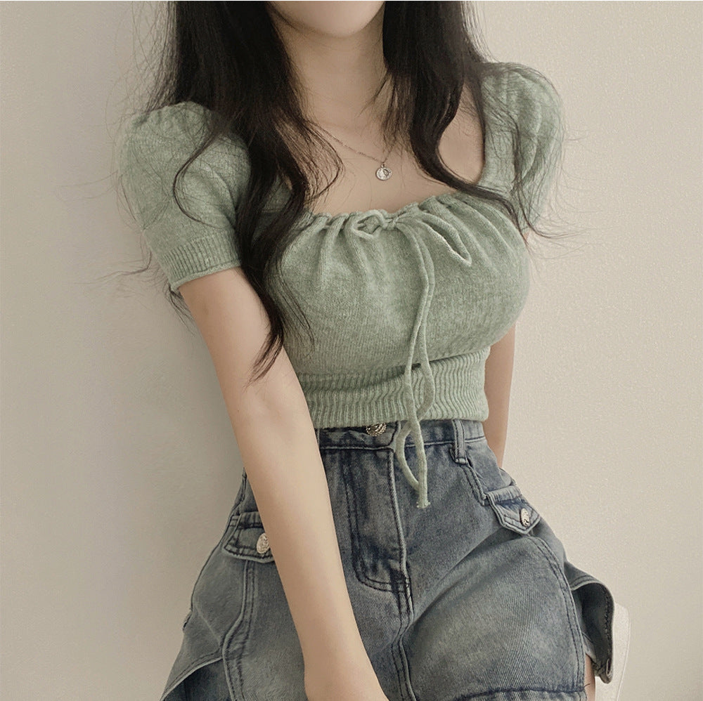 Square Collar Drawstring Short Knitwear Slim Top