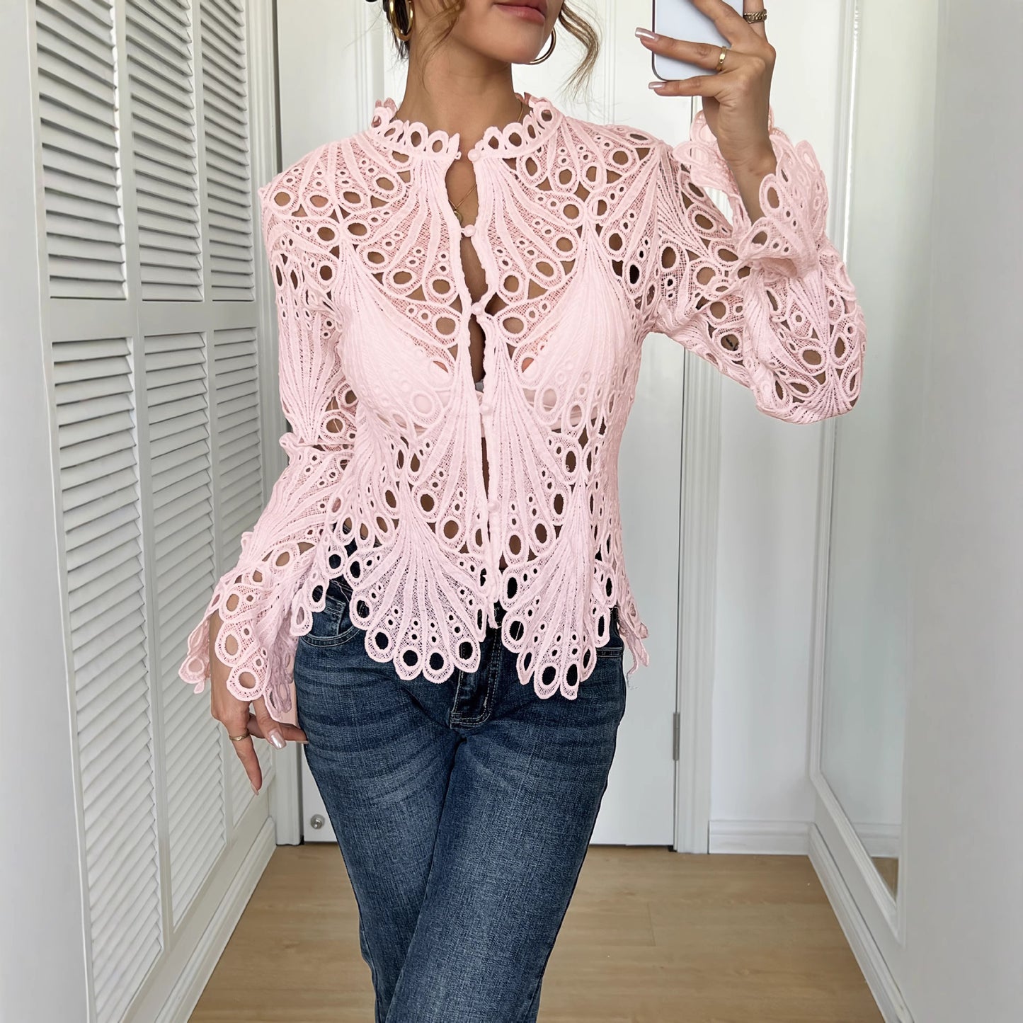 Sexy Cutout Flared-Sleeve Breathable Knitted Lace Womens Top