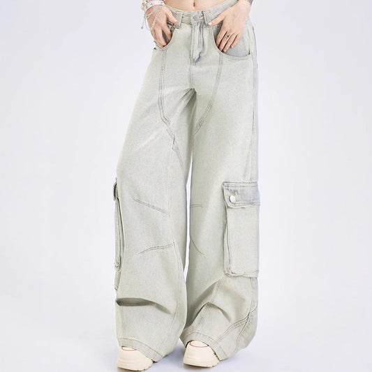 Womens Straight-Leg Multi-Pocket Workwear-Style Loose Wide-Leg Denim Jeans