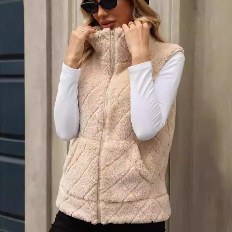 Women's Clothing Cardigan Zipper Loose Diamond Lattice Coat Plush Vest