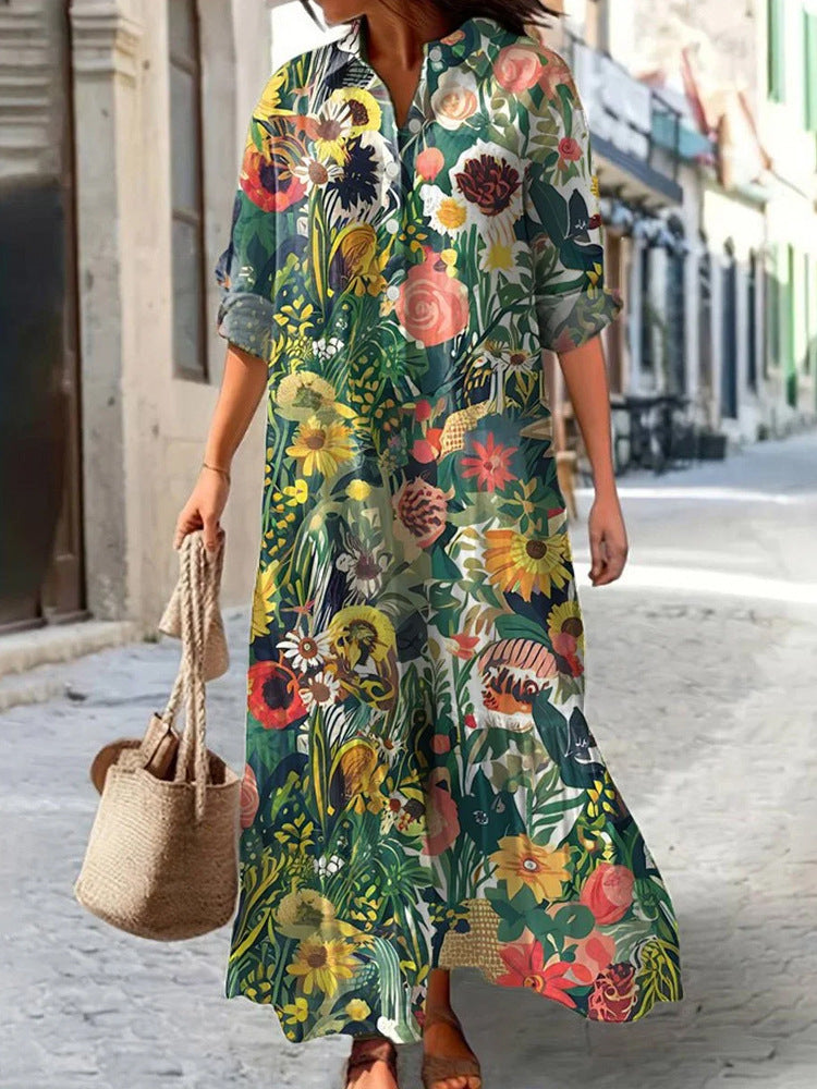 Womens Long-Sleeve Lapel-Neck Digital-Print Dress