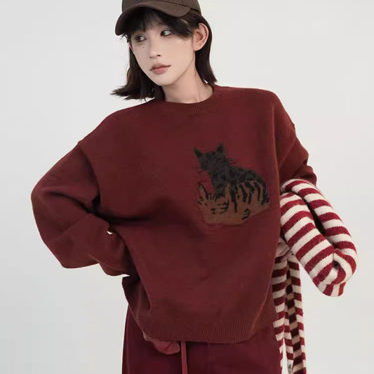 Cartoon Printed Round Neck Loose Long Sleeves Knitted Sweater