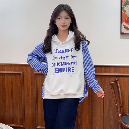 Plus Size Women's Fake Two-piece Hooded Sweater Stitching