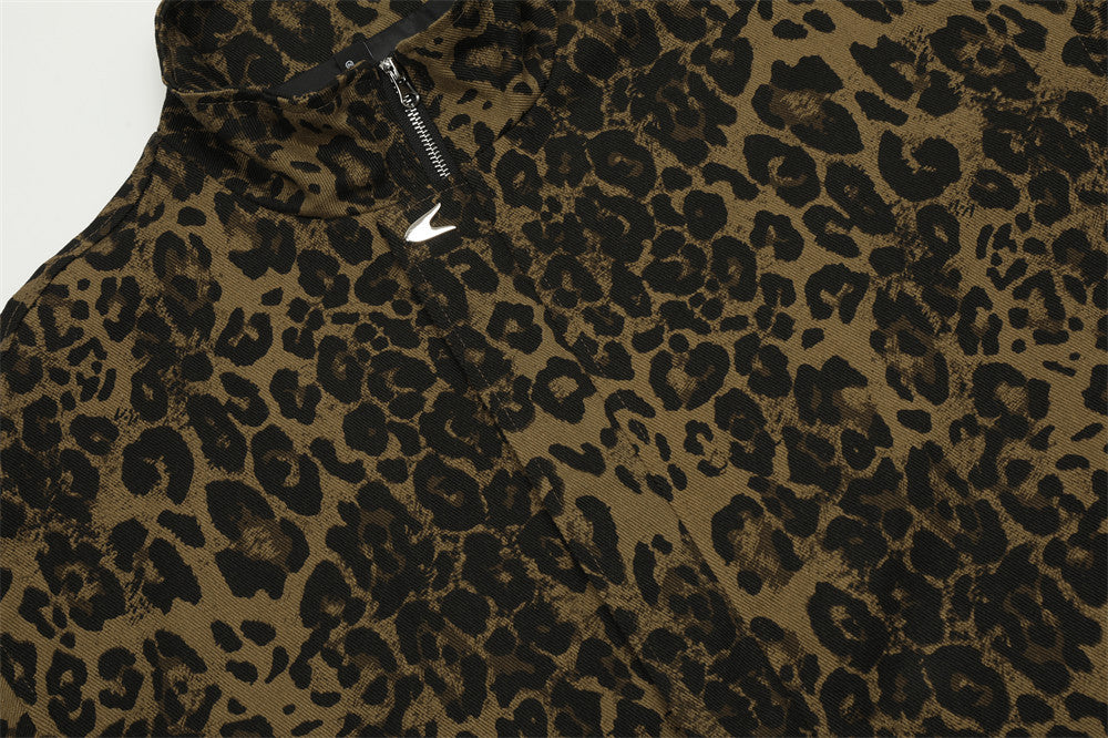 Men's Loose Casual Stand Collar Leopard Print Denim Jacket