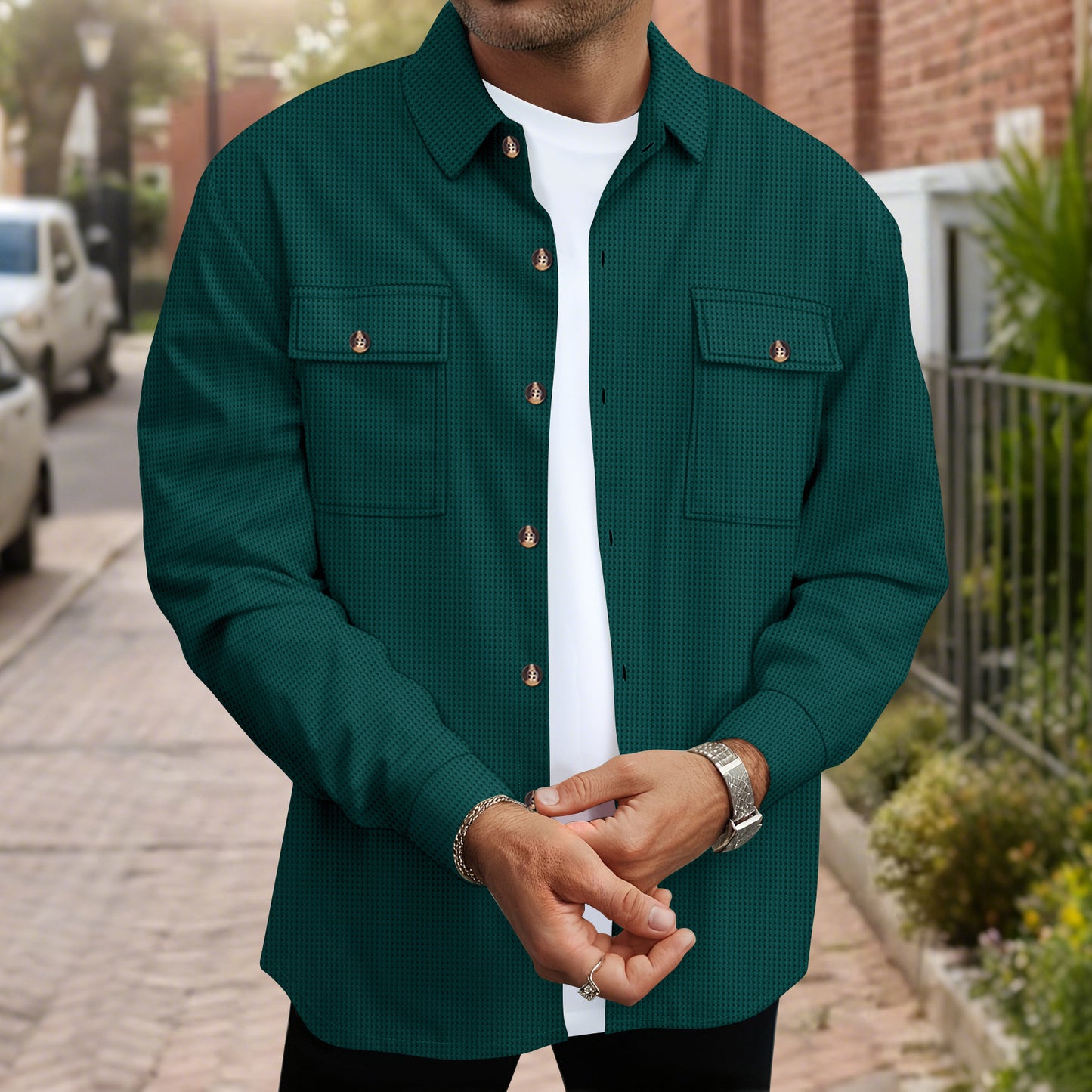 Men's Solid Color Waffle Double Pocket Button-up Long Sleeve Casual Shirt