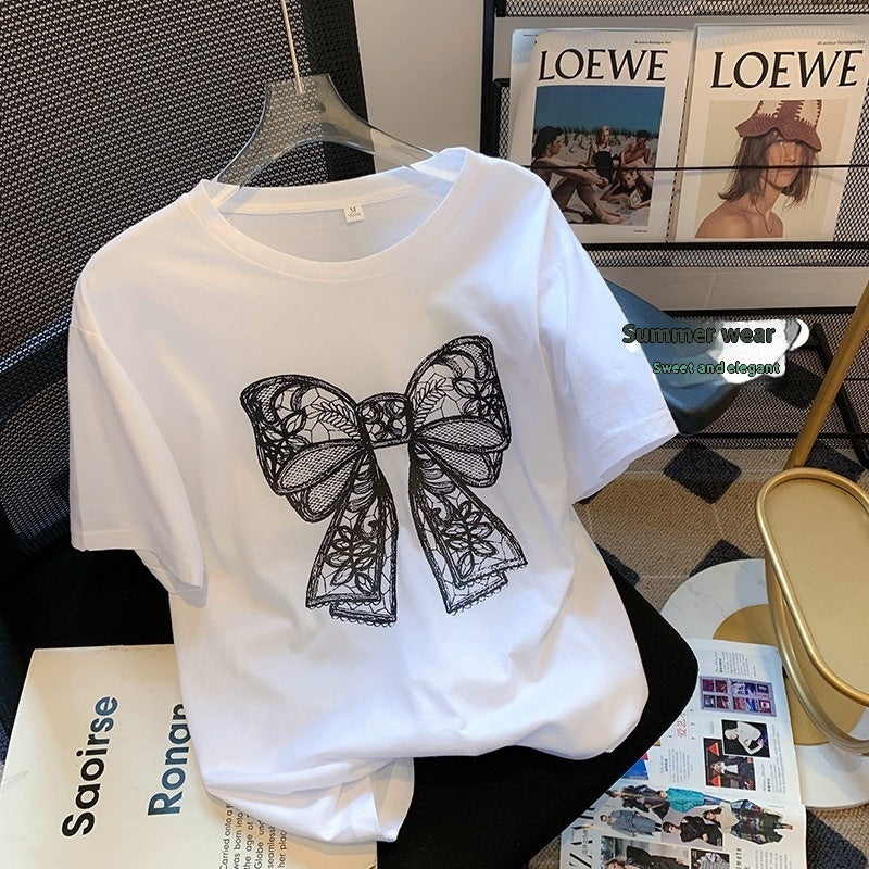 New Women's Fashion Bowknot Printed Short-sleeved T-shirt