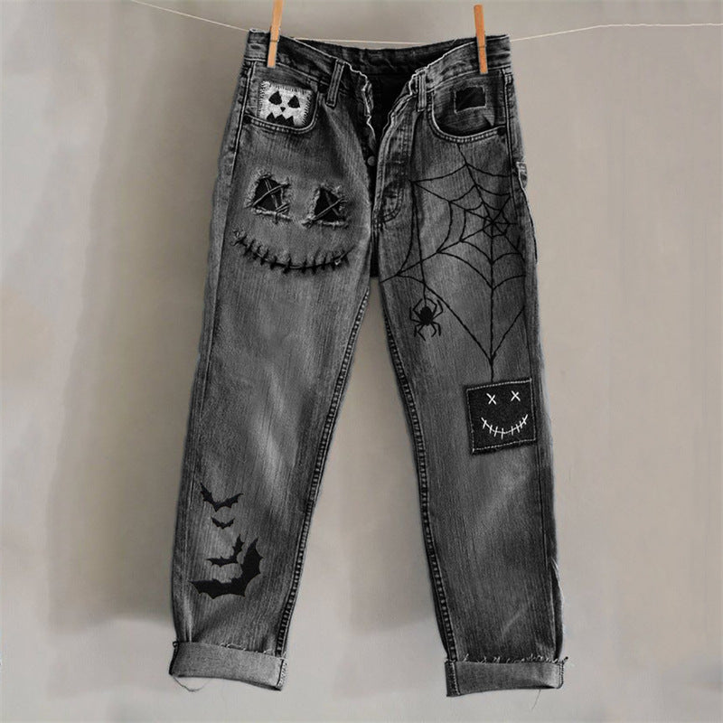 New 3D Heat-transfer Printed Flared Jeans-style Trousers In Faux Denim