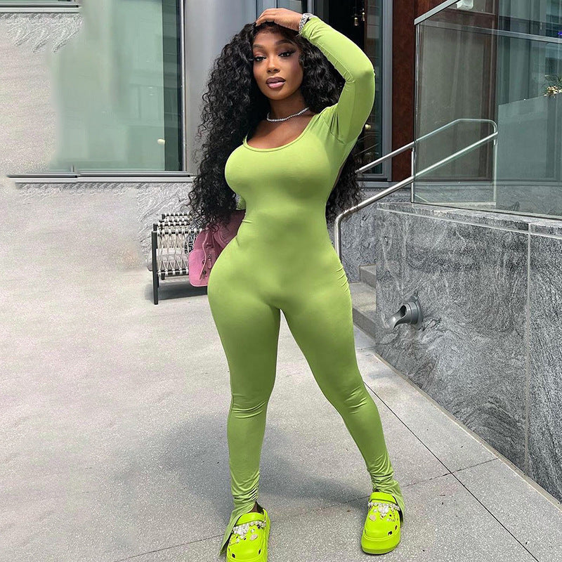 Women's Slim U-neck Backless Shrink Pleated Jumpsuit