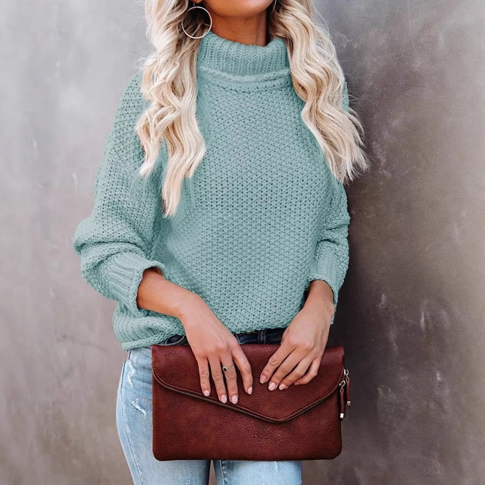 Women's High-neck Long-sleeve Rolled-edge Knit Sweater