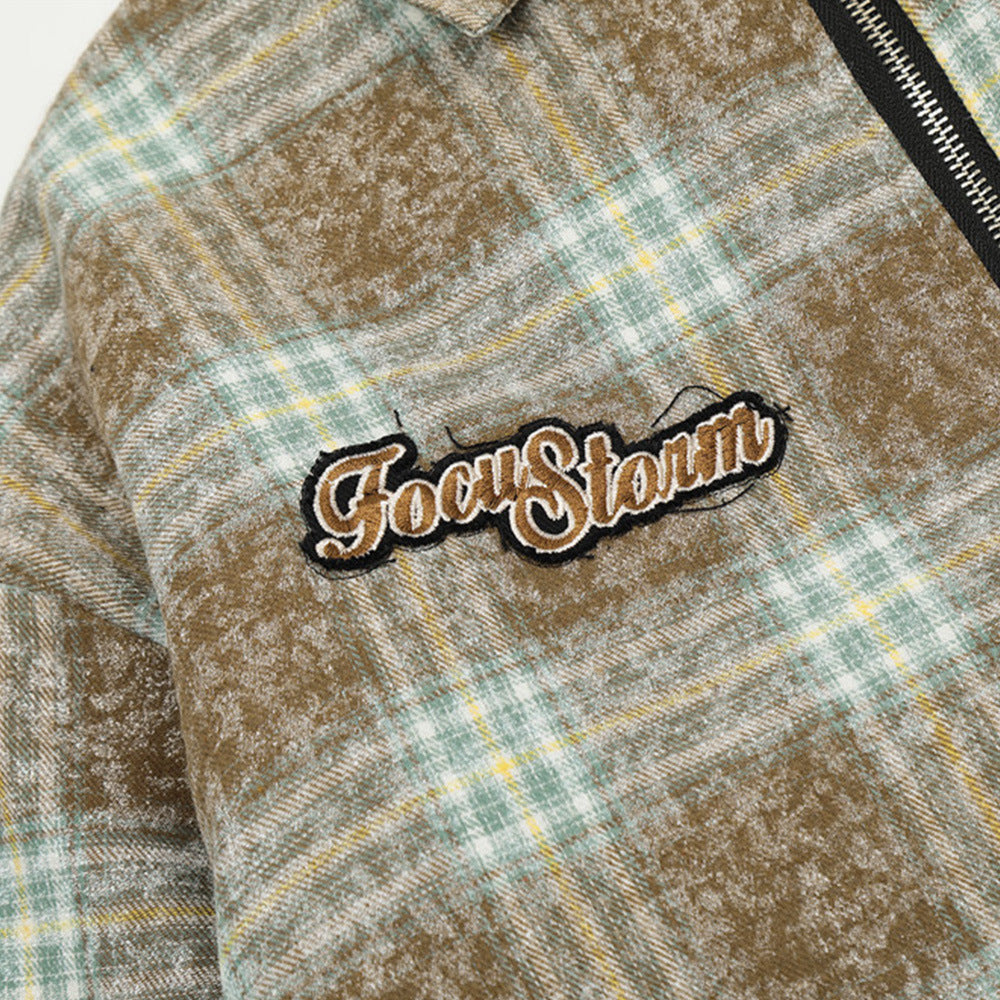 American Retro Plaid Washed And Worn Cotton Coat Jacket Men