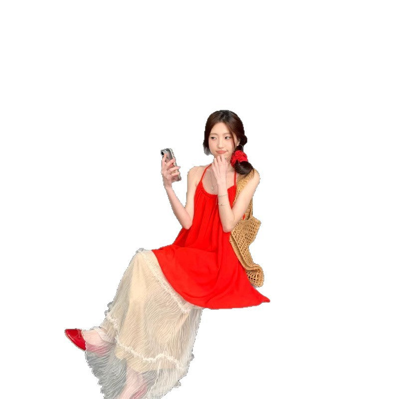 Loose-fitting Halterneck Sleeveless Camisole Womens Mesh A-line Skirt Two-piece Set