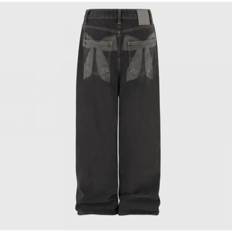 Washed And Worn Wide Leg Jeans With Bow Print At The Back