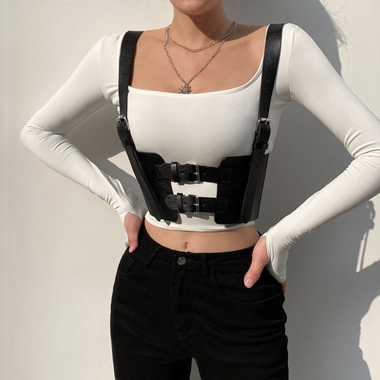 Women's Casual Stitching PU Leather Solid Color Stretch Vest Waist Seal