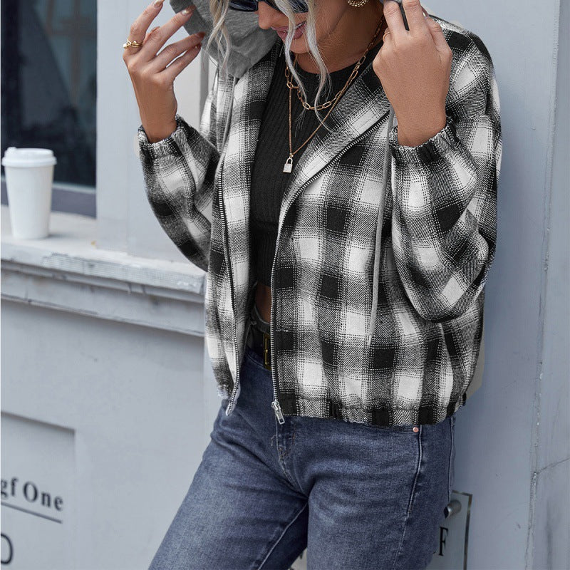 Check Shirt Loose Long Sleeve Casual Zipper Hooded Jacket Coat
