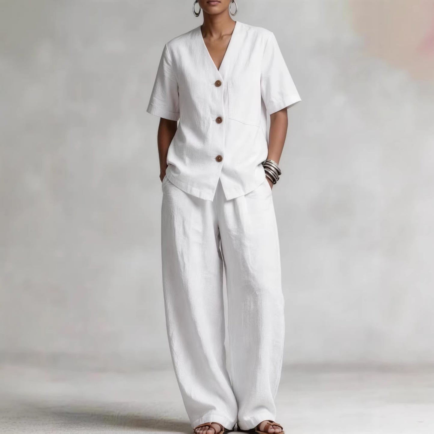 Summer Linen Solid-color Collarless Short-sleeve Top And Casual Wide-leg Pants